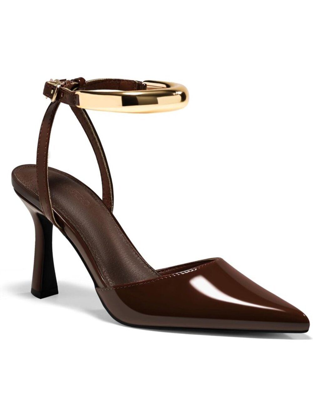 Women's Coffee Strappy High Heel Closed Pointed Toe Pumps Ankle Strap Metal Shoe